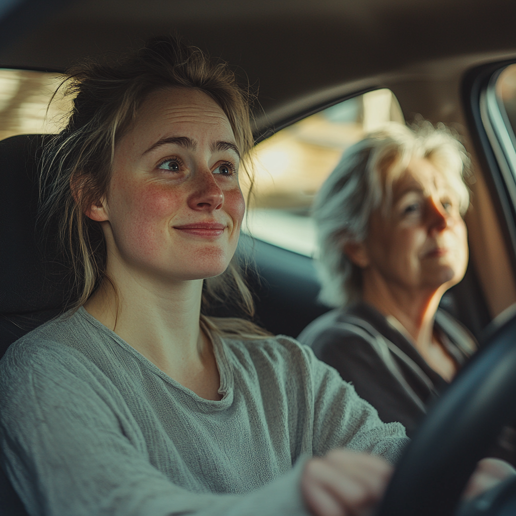 Eine Frau am Steuer eines Autos mit ihrer Schwiegermutter auf dem Beifahrersitz | Quelle: Midjourney