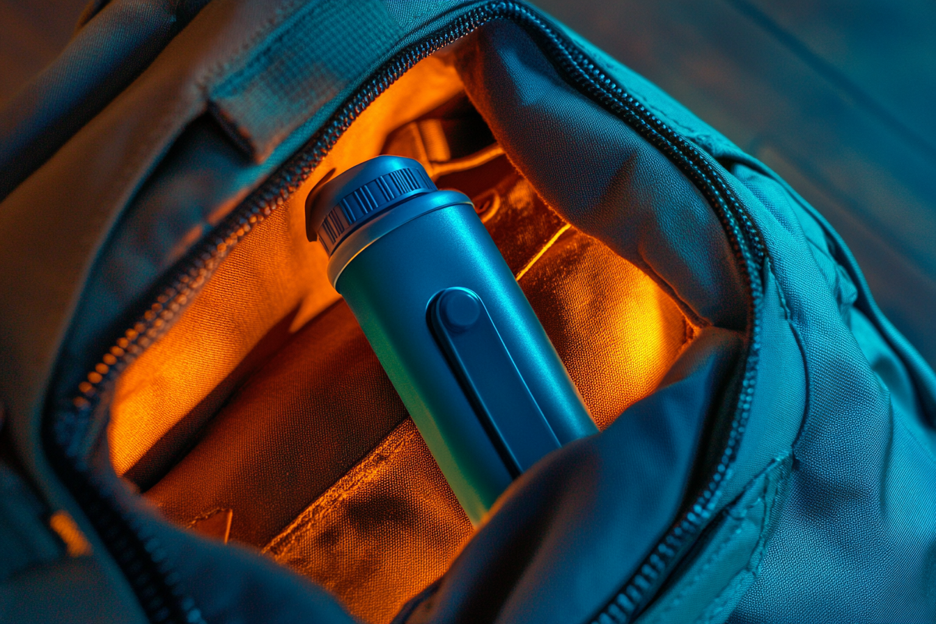 Teilansicht eines Asthma-Inhalators in einer Tasche | Quelle: Midjourney