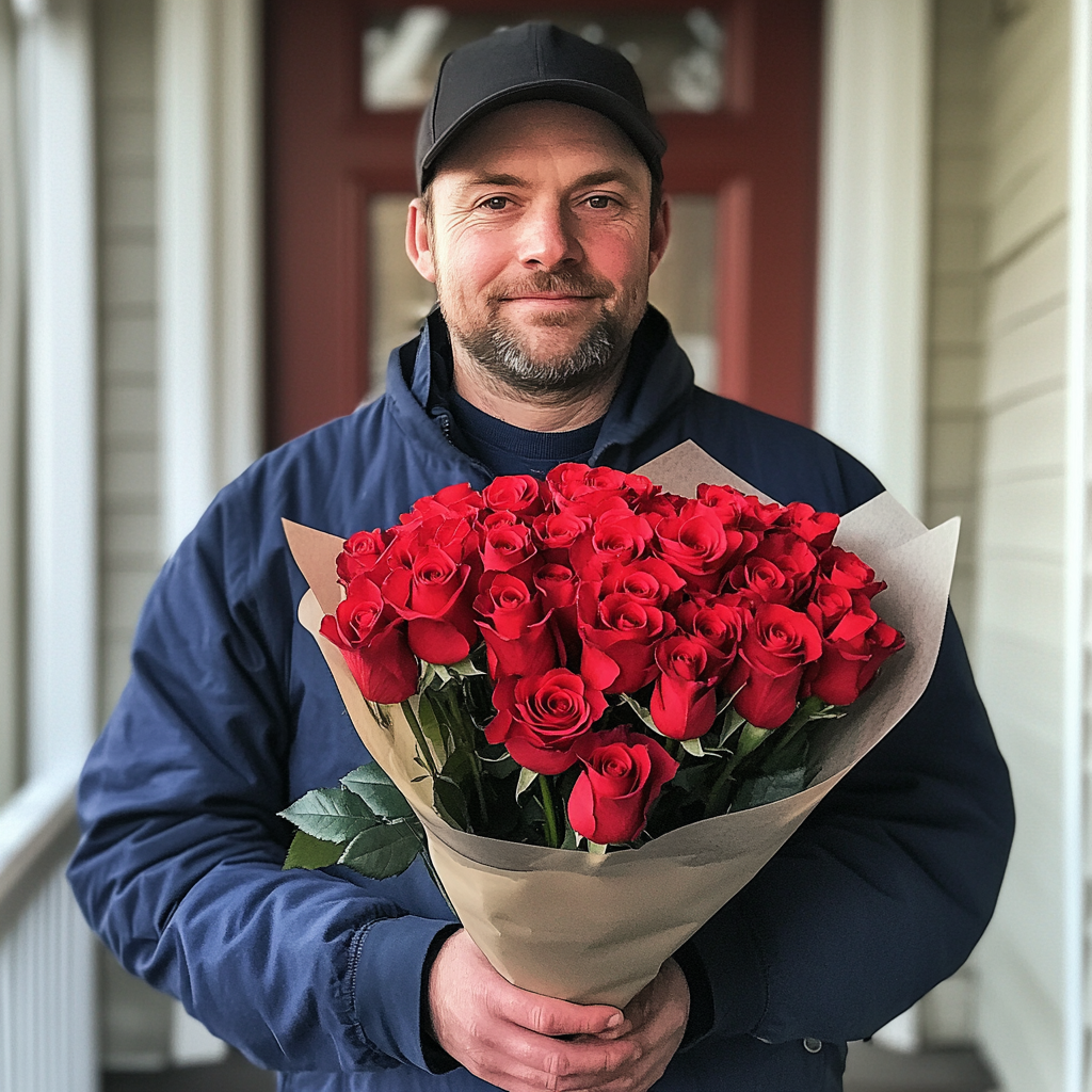 Ein Zusteller mit einem Rosenstrauß in der Hand | Quelle: Midjourney