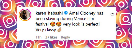 Ein Fan kommentiert Amal Clooneys Stil bei den Filmfestspielen in Venedig, aus einer Instagram-Slideshow mit Bildern vom 2. September 2024 | Quelle: Instagram/justjared/