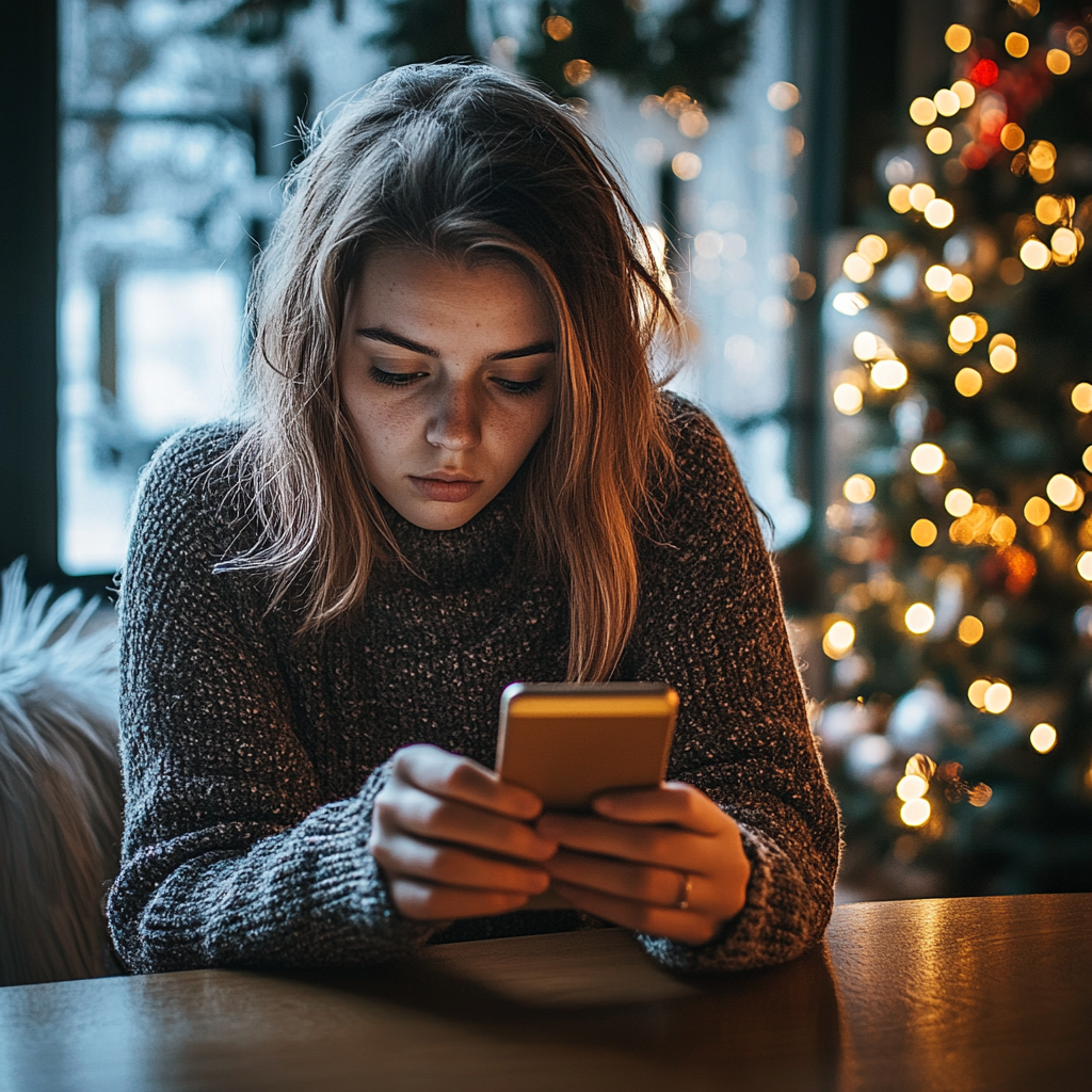 Eine nervöse Frau schaut auf ihr Telefon | Quelle: Midjourney