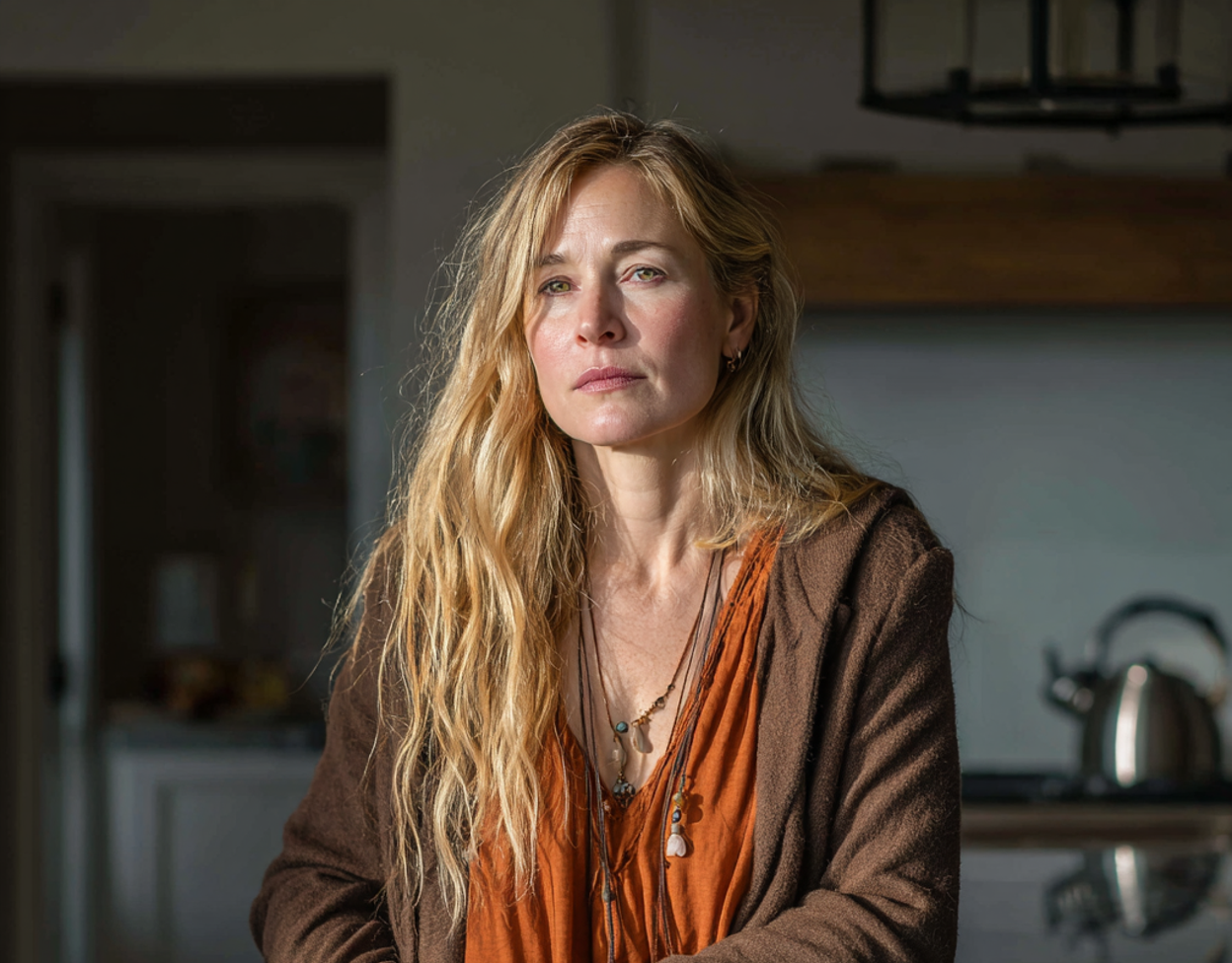 Eine emotionale Frau, die in einer Küche sitzt | Quelle: Midjourney