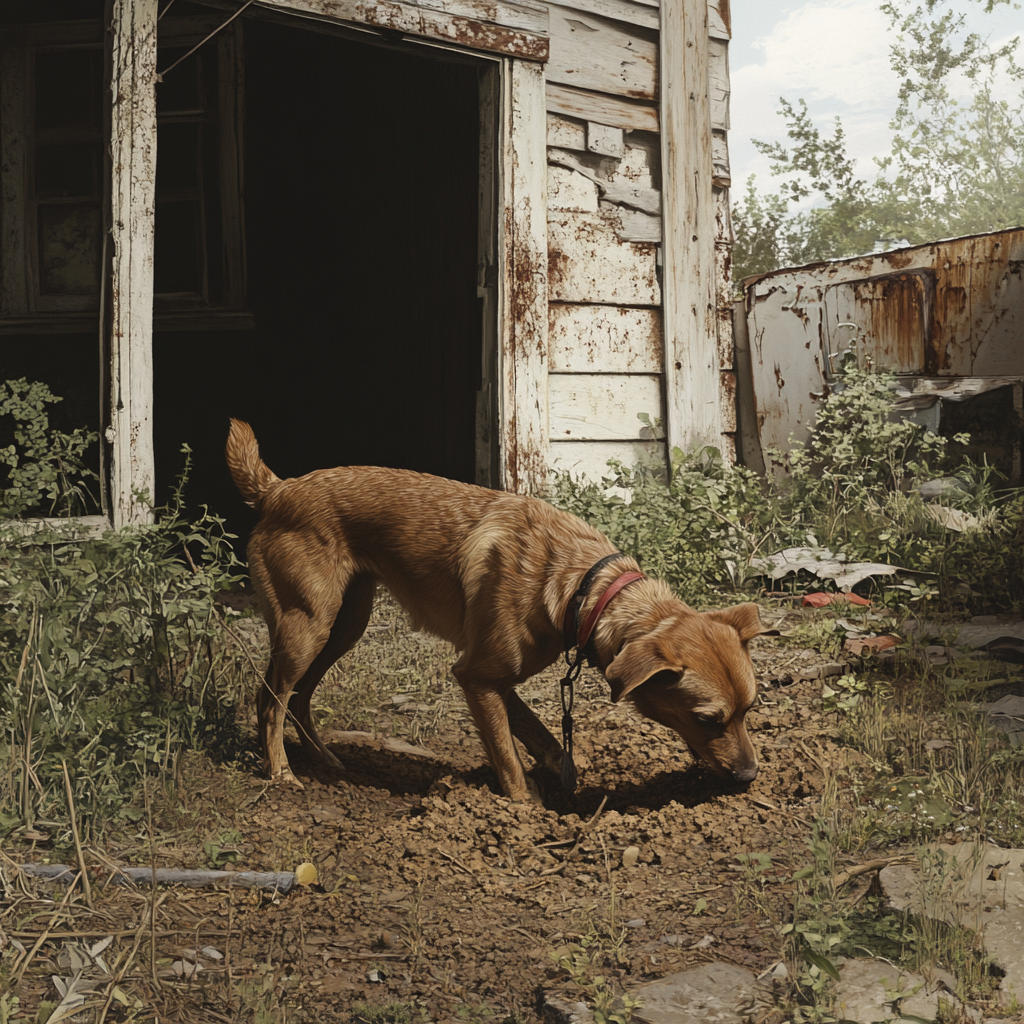 Ein Hund gräbt vor einem verlassenen Haus | Quelle: Midjourney