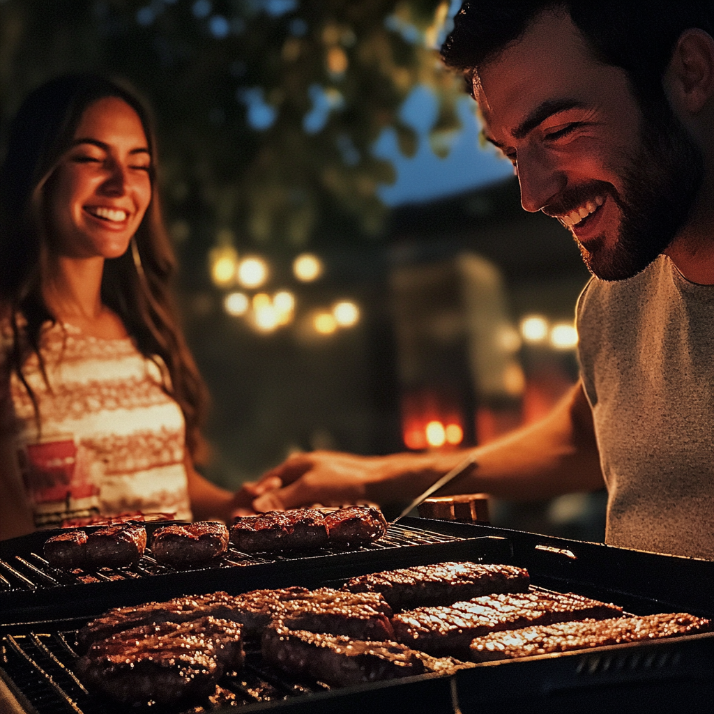 Ein lächelndes Paar beim Grillen von Fleisch | Quelle: Midjourney