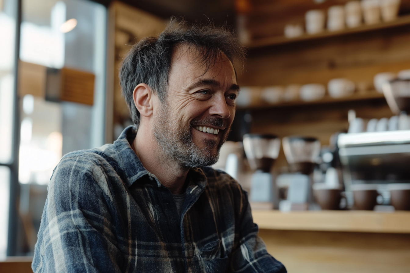 Ein lächelnder Mann in einem Coffeeshop | Quelle: Midjourney