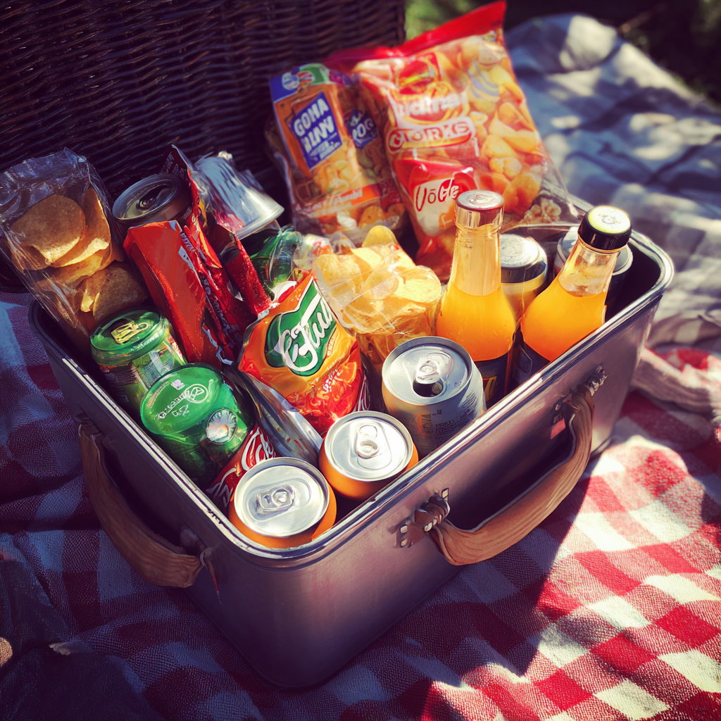 Eine gefüllte Kühlbox auf einer Picknick-Decke | Quelle: Midjourney