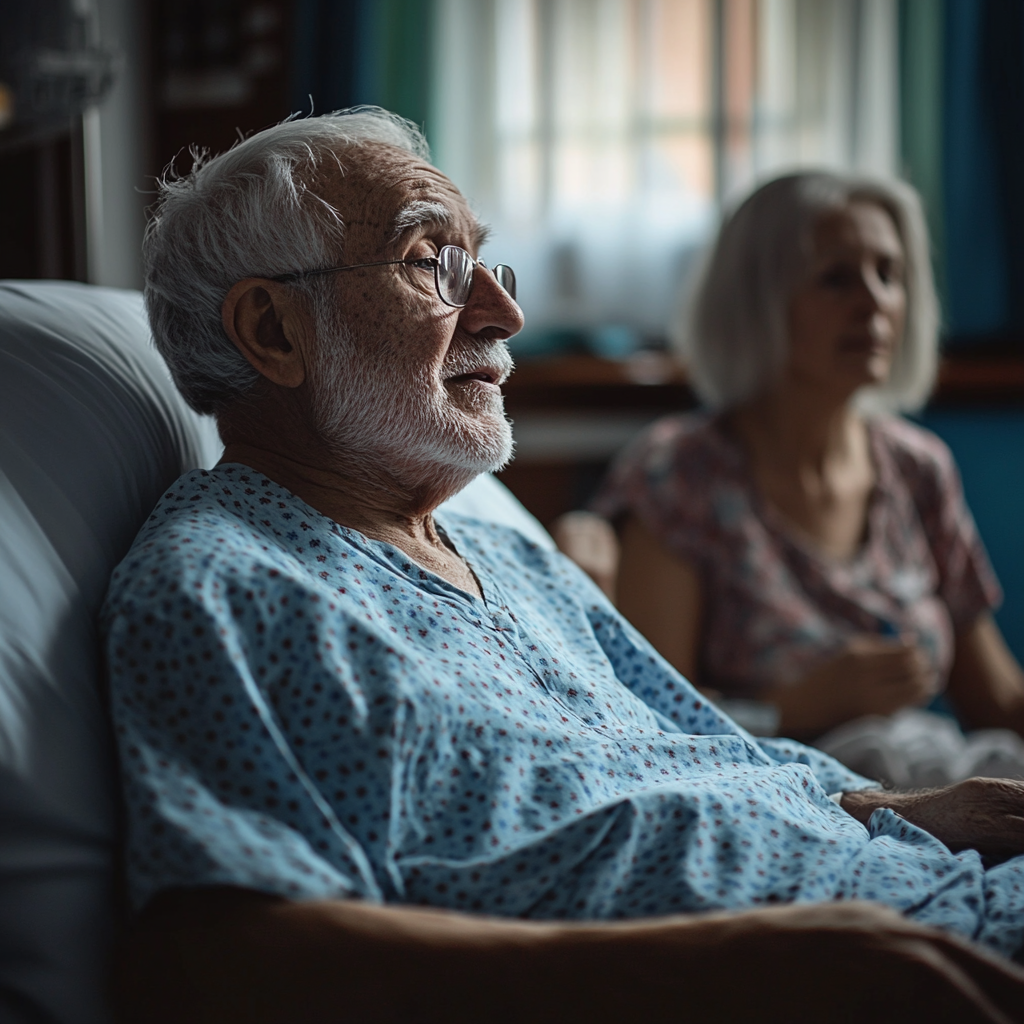 Älterer Mann in einem Krankenhausbett im Gespräch mit seiner Frau | Quelle: Midjourney