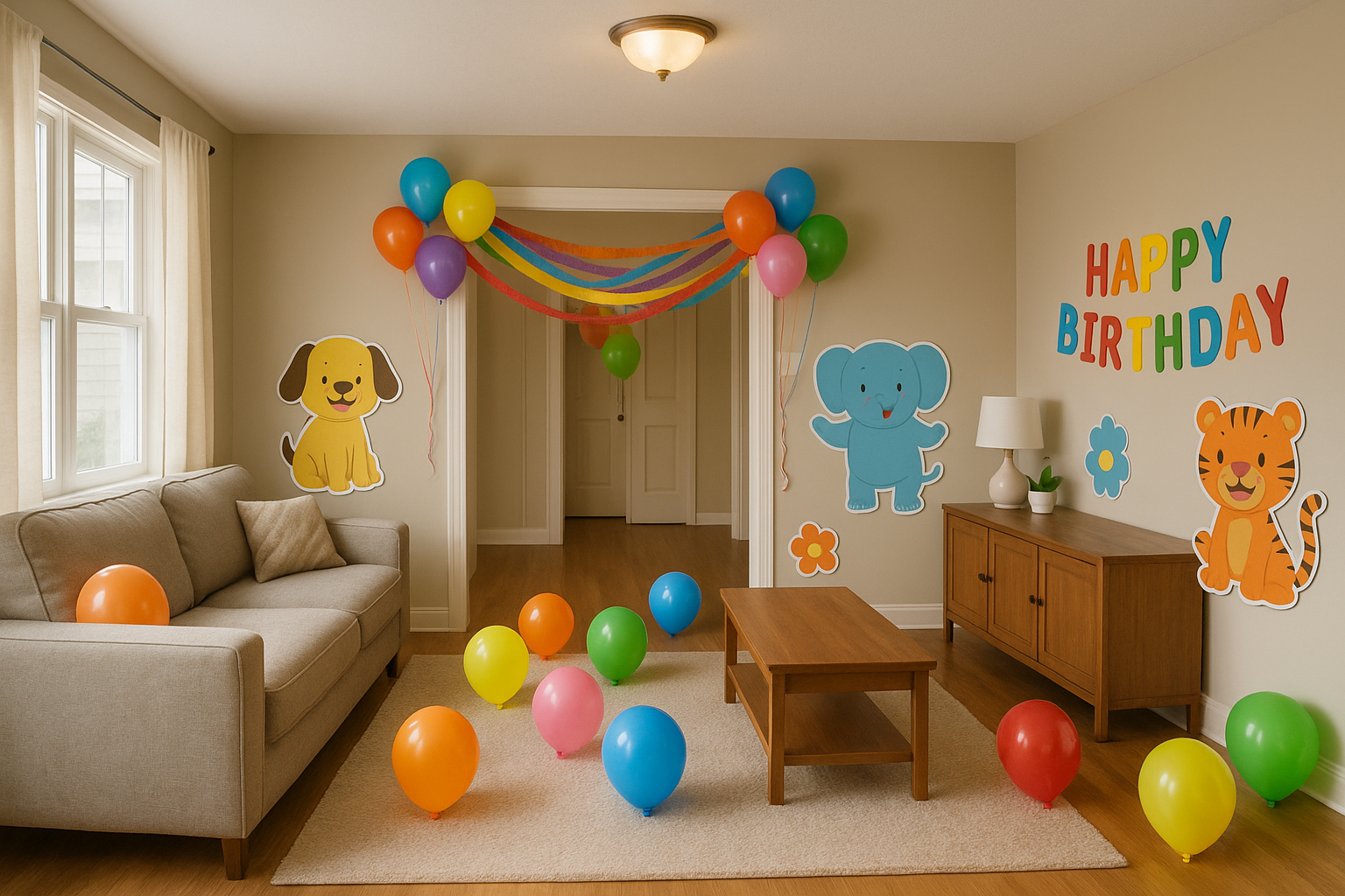 Ein für einen Kindergeburtstag dekoriertes Wohnzimmer | Quelle: DALL-E