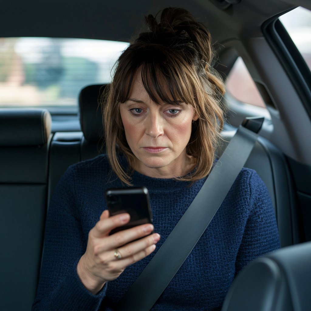 Eine Frau auf dem Rücksitz eines Fahrzeugs, die auf ihr Mobiltelefon schaut | Quelle: Midjourney