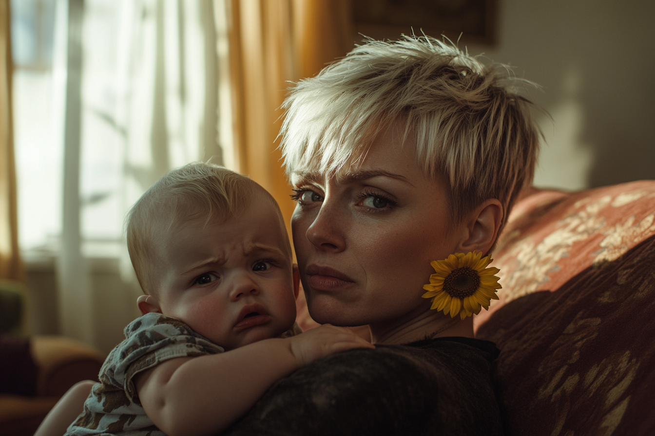 Frau in den 30ern mit einem Baby im Arm und traurigem Blick auf einer Couch im Wohnzimmer | Quelle: Midjourney