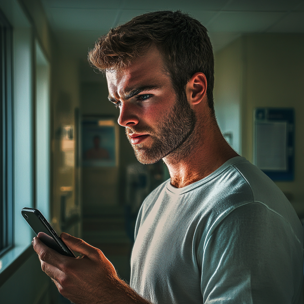 Ein besorgter Mann hält ein Telefon in einem Krankenhaus | Quelle: Midjourney