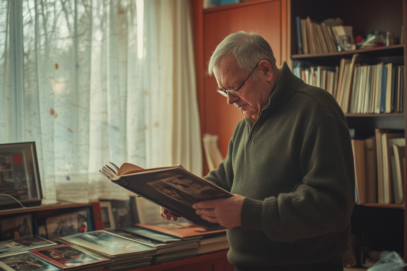 Ein Mann schaut sich ein Fotoalbum in seinem Wohnzimmer an | Quelle: Midjourney