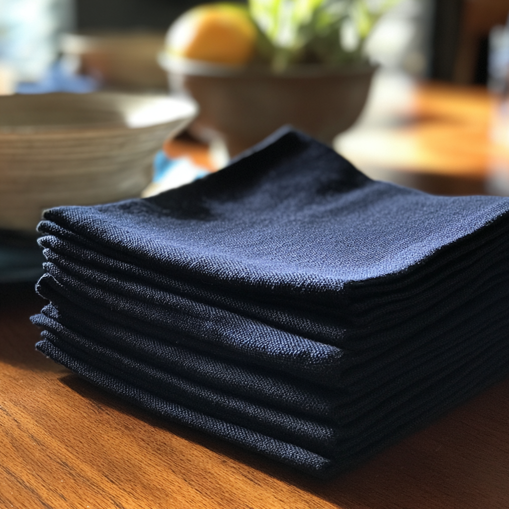 Gefaltete marineblaue Servietten auf einem Tisch | Quelle: Midjourney
