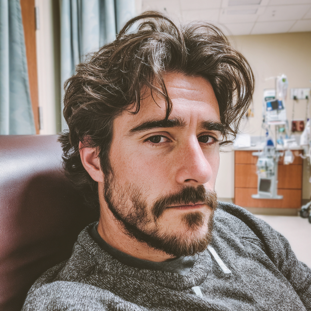 Ein besorgter Mann sitzt in einer Krankenstation | Quelle: Midjourney