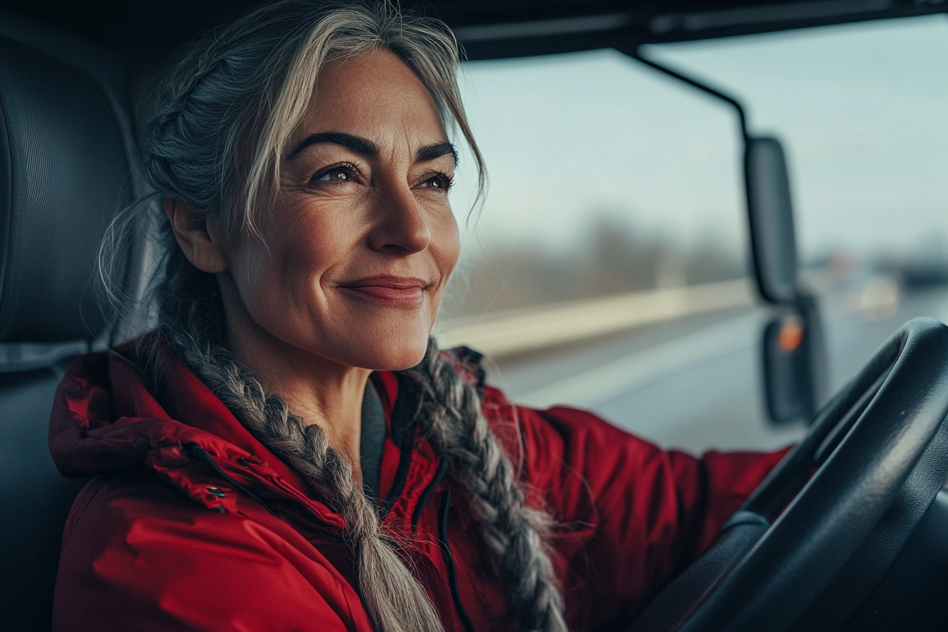 Frau Ende 40 mit roter Jacke und einem Lächeln, die einen großen LKW fährt | Quelle: Midjourney