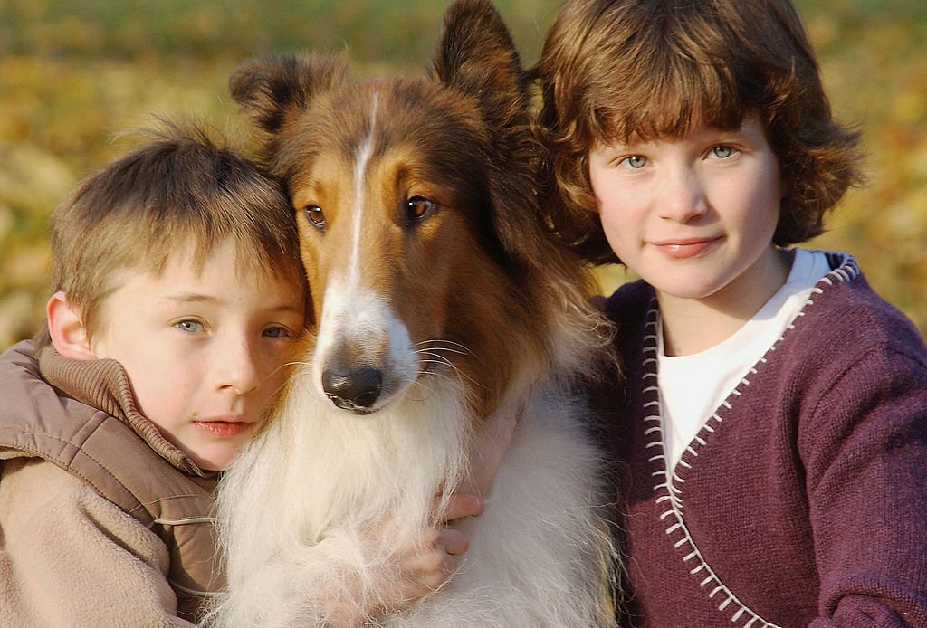 Die Schauspieler Jonathan Mason und Hester Odgers mit dem Hund Lassie | Quelle: Getty Images