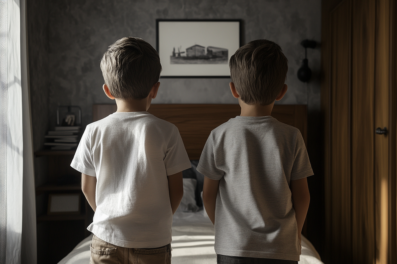 Zwei Jungen stehen in ihrem Schlafzimmer | Quelle: Midjourney