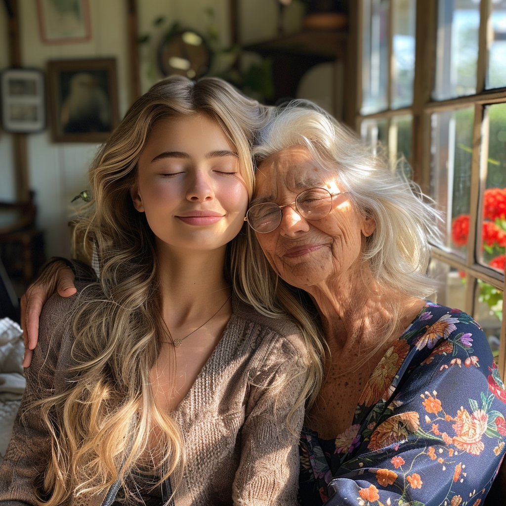 Mia umarmt ihre Großmutter | Quelle: Midjourney