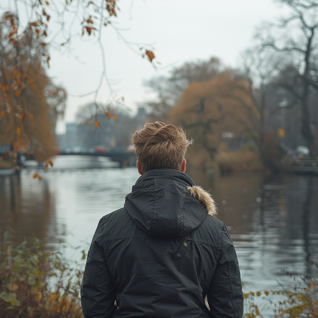 Eine Rückenansicht eines Mannes, der auf einen Fluss schaut und die Aussicht bewundert | Quelle: Midjourney