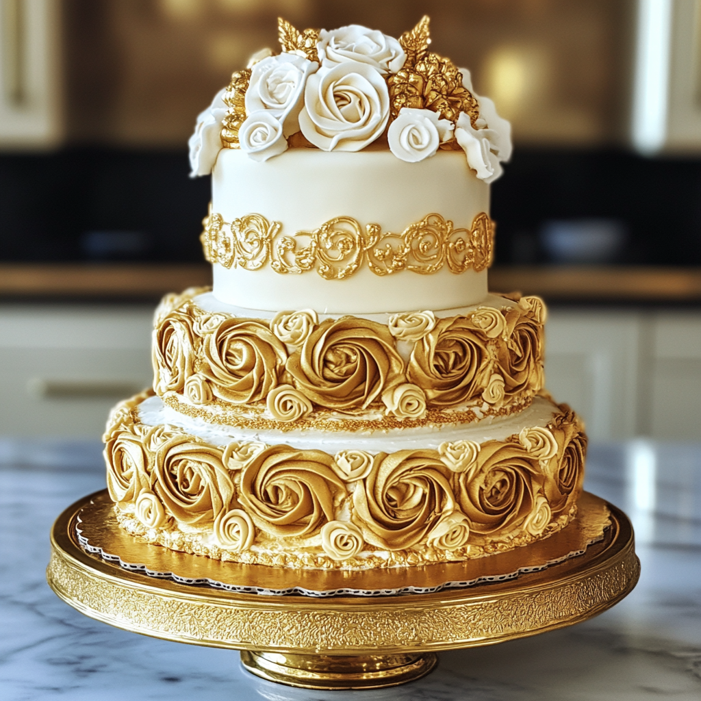 Eine Torte in Gold und Weiß | Quelle: Midjourney