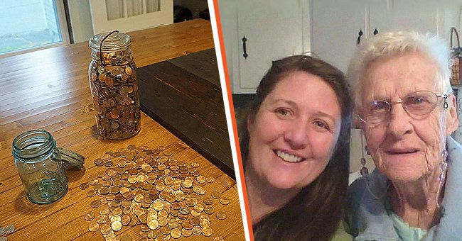 Ein Foto von zwei Gläsern mit Münzen [links] und Michelle Gordon McDougal und ihrer Nana [rechts] | Quelle: Facebook.com/MichelleGordonMcDougal