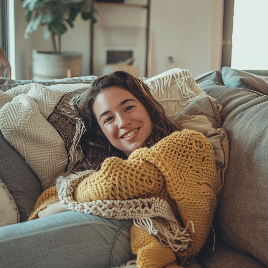 Eine junge Frau, die zu Hause auf der Couch faulenzt | Quelle: Midjourney