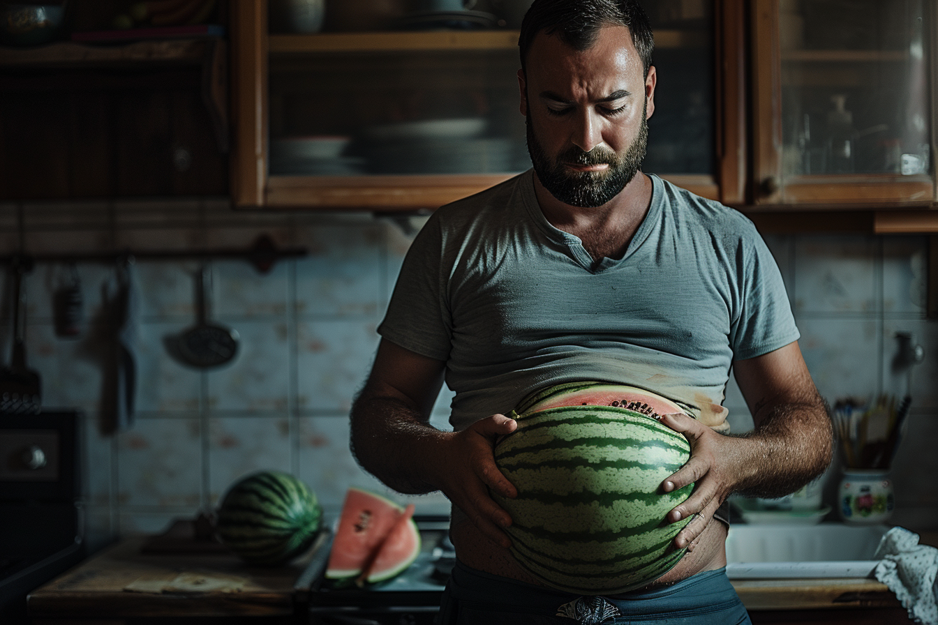 Ein müder Mann benutzt eine Wassermelone, um eine Schwangerschaft zu simulieren | Quelle: Midjourney