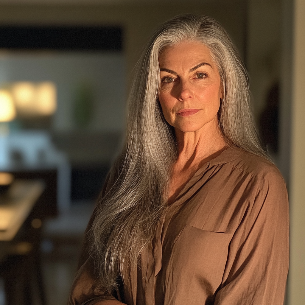 Zadowolona starsza kobieta stojąca w jadalni | Źródło: Midjourney