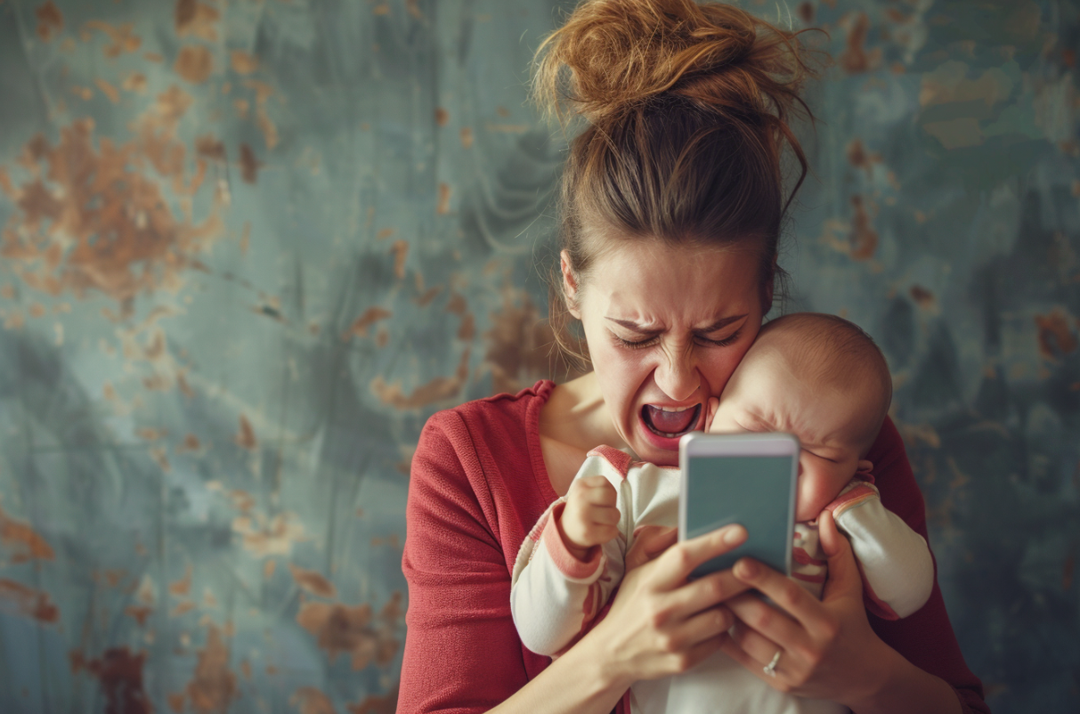 Eine Mutter hält ein weinendes Baby, während sie telefoniert | Quelle: Midjourney