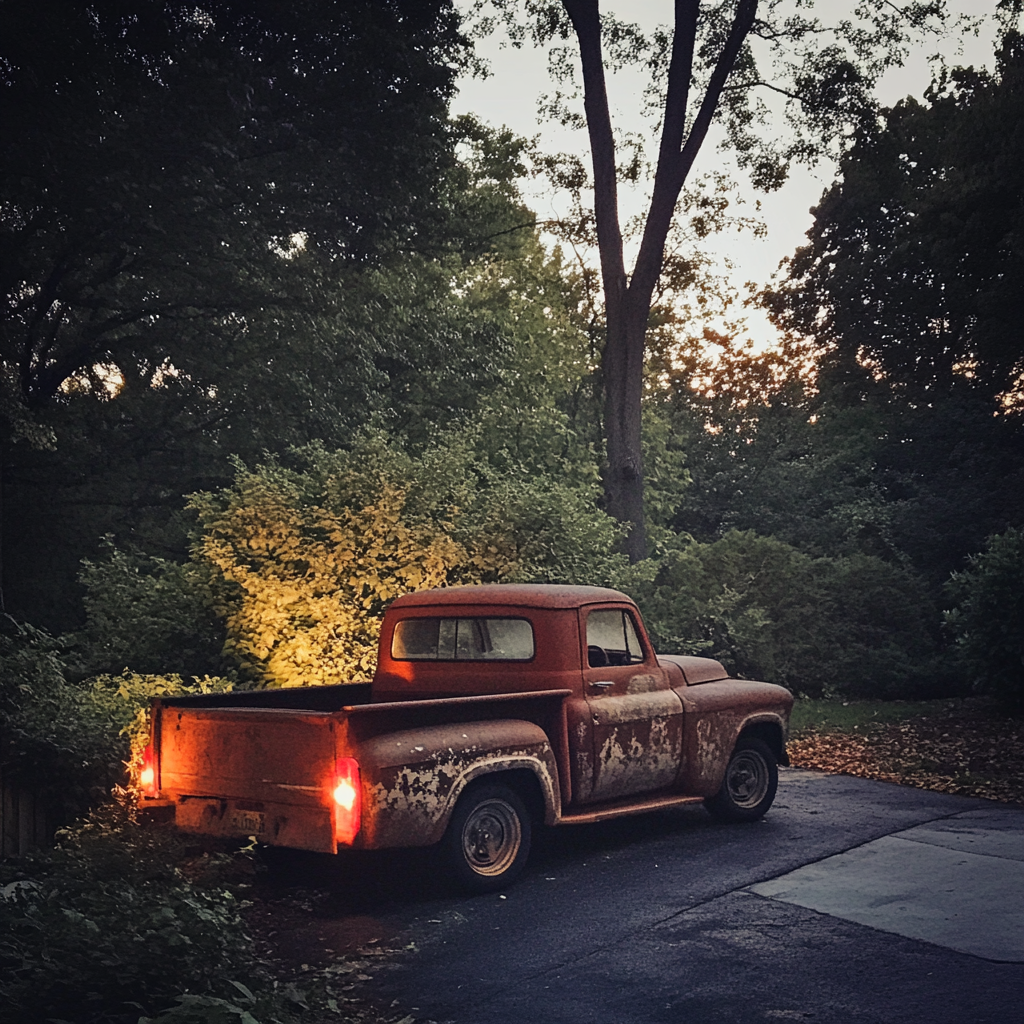 Ein alter Pickup-Truck in einer Einfahrt | Quelle: Midjourney