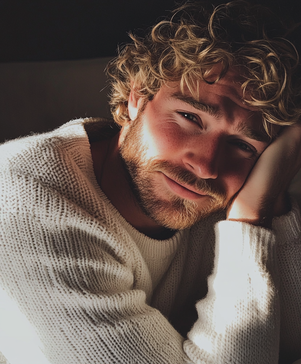 Ein lächelnder Mann, der einen weißen Pulli trägt und sich auf seine Ellbogen stützt | Quelle: Midjourney
