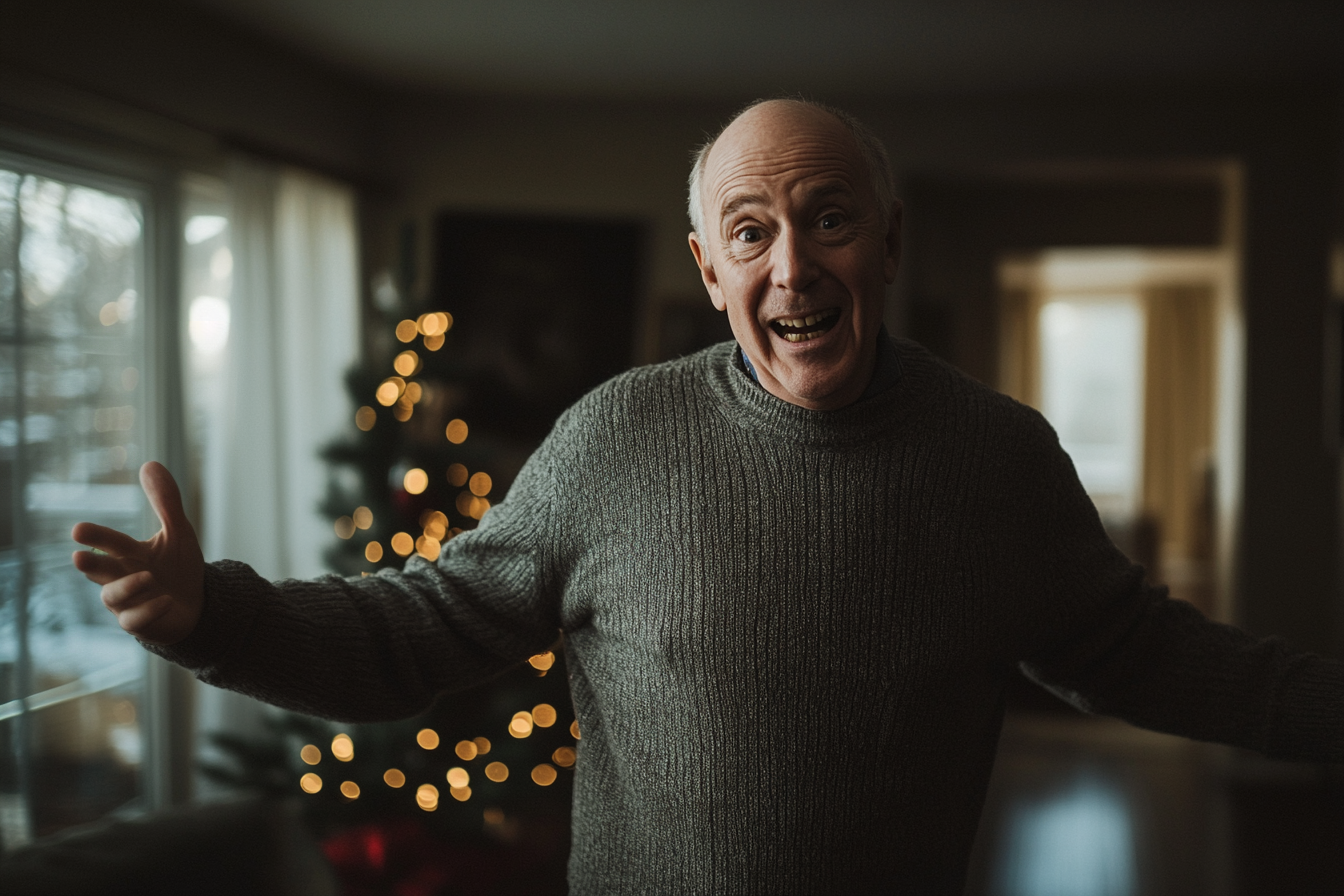 Ein Mann in den 60ern zuckt in einem Wohnzimmer mit einem Weihnachtsbaum zusammen | Quelle: Midjourney