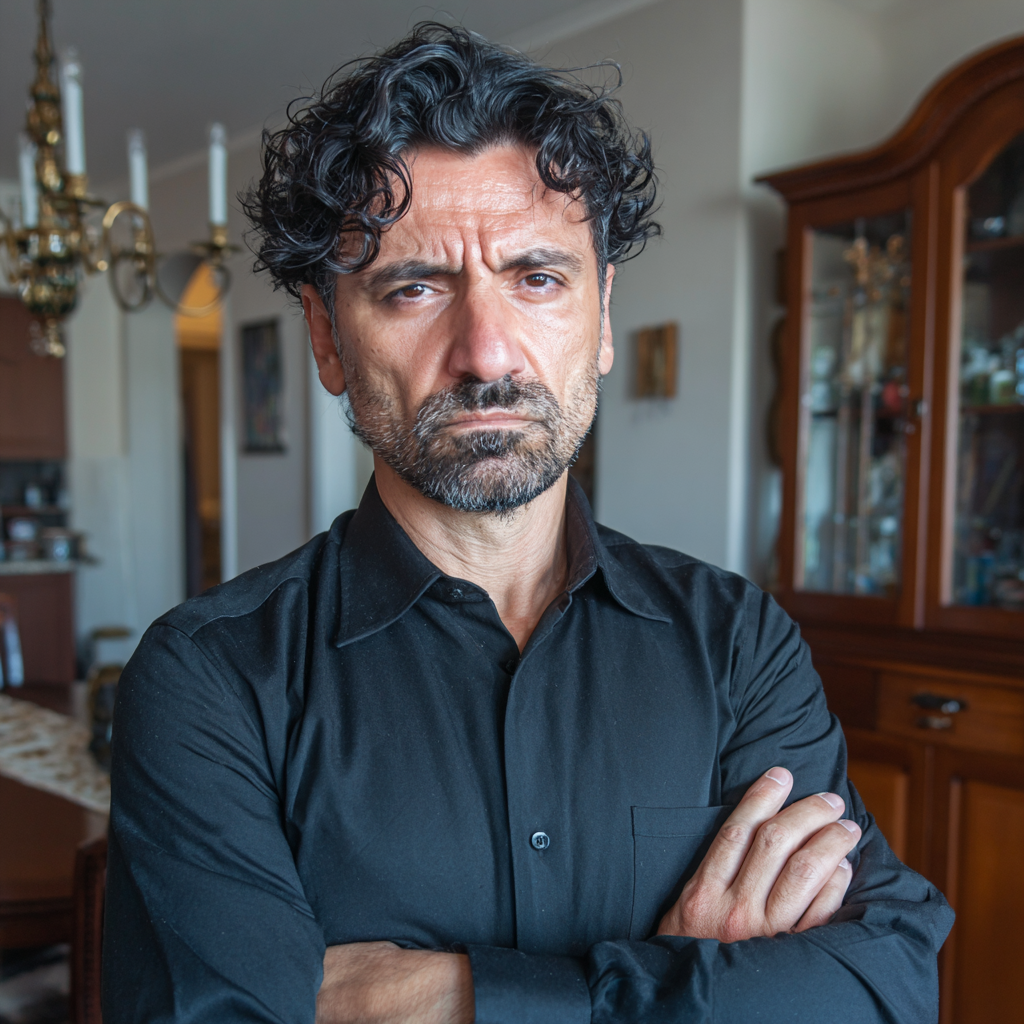 Ein wütender Mann, der mit verschränkten Armen dasteht | Quelle: Midjourney