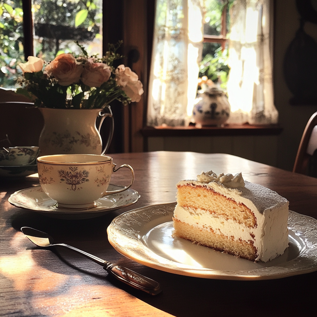 Kuchen und Tee auf einem Tisch | Quelle: Midjourney