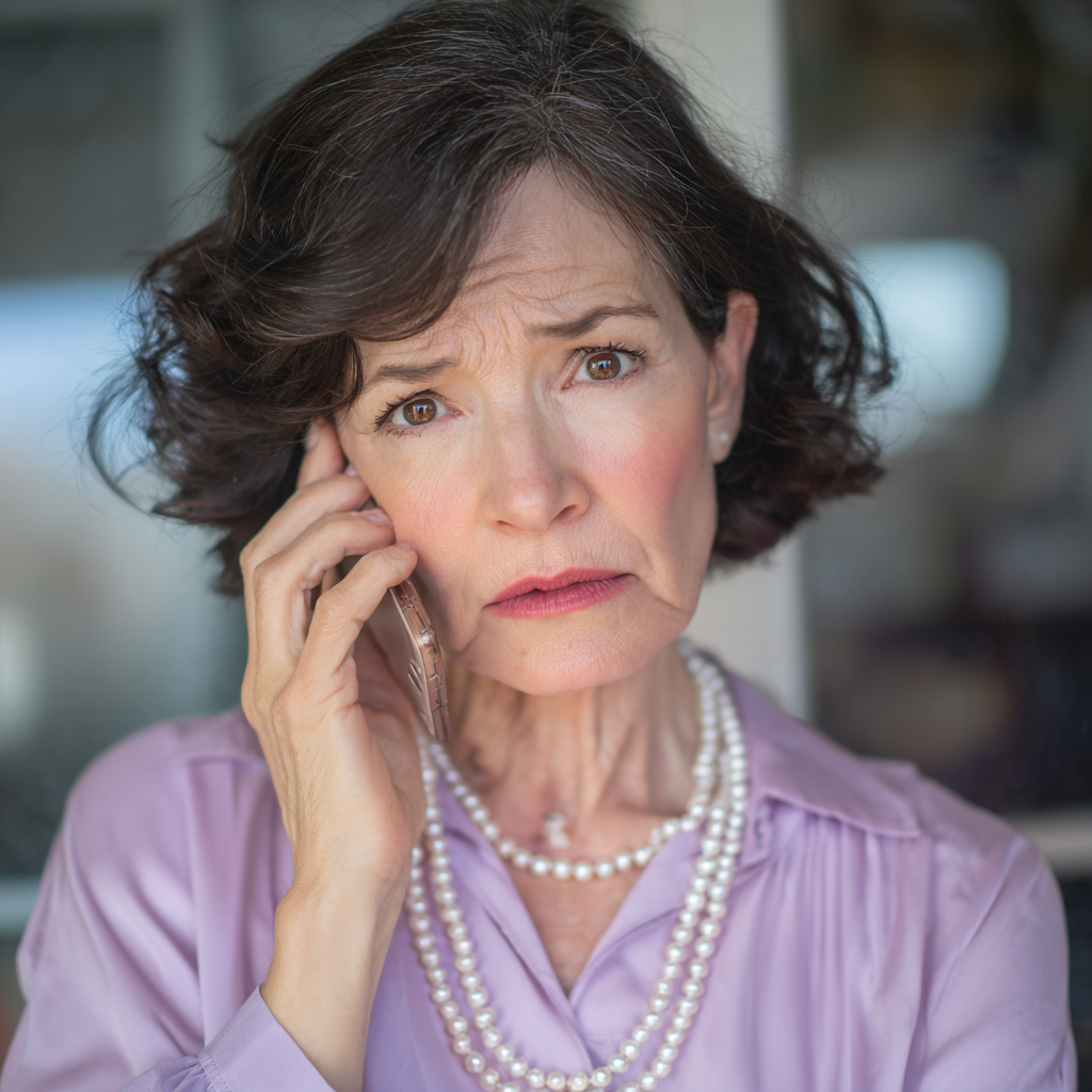 Eine besorgte ältere Frau, die am Telefon spricht | Quelle: Midjourney