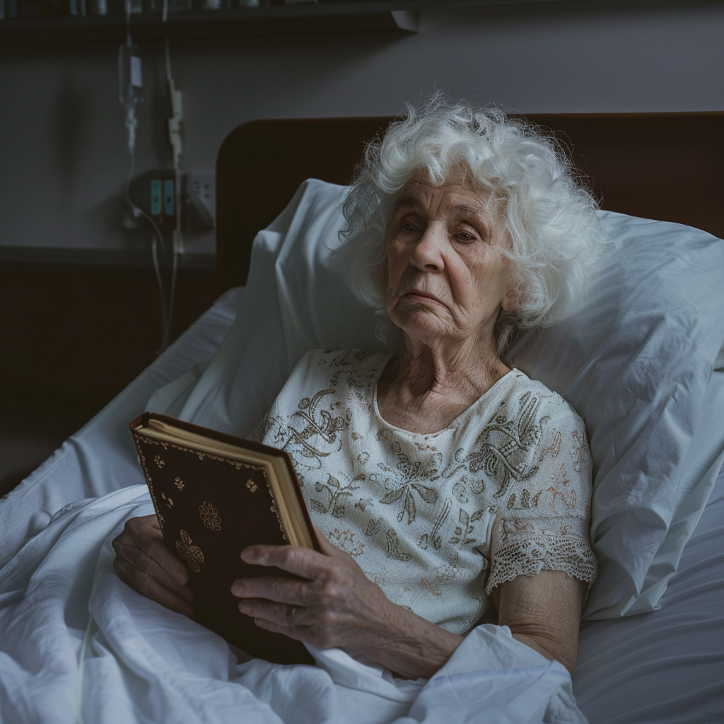 Alte Dame in einem Krankenhausbett | Quelle: Midjourney