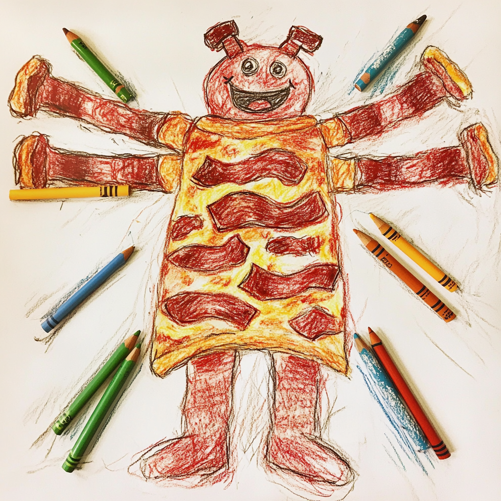 Eine Kinderzeichnung von einer Pizza mit Speckarmen | Quelle: Midjourney