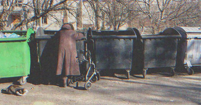 Eine alte Frau durchsucht einen Müllcontainer | Quelle: Shutterstock