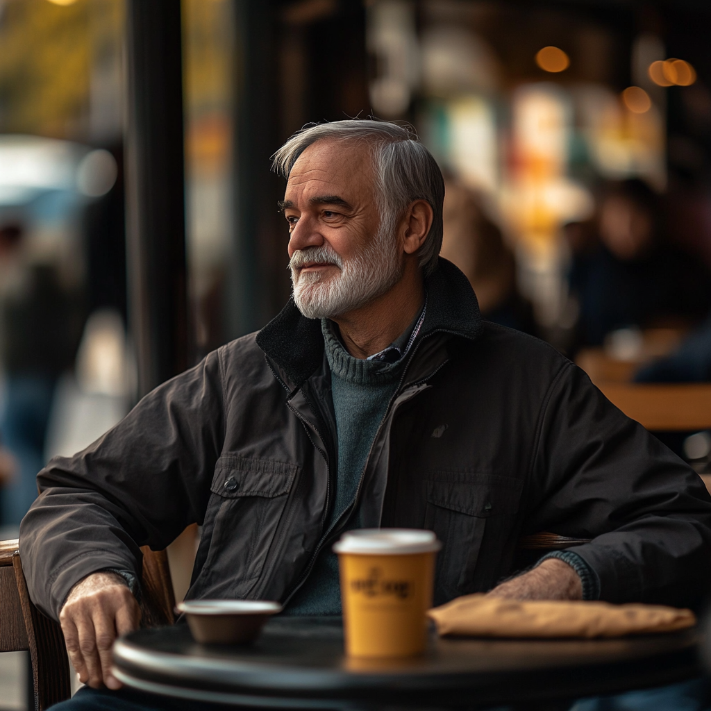 Ein alter Mann schaut weg, während er in einem Café sitzt | Quelle: Midjourney