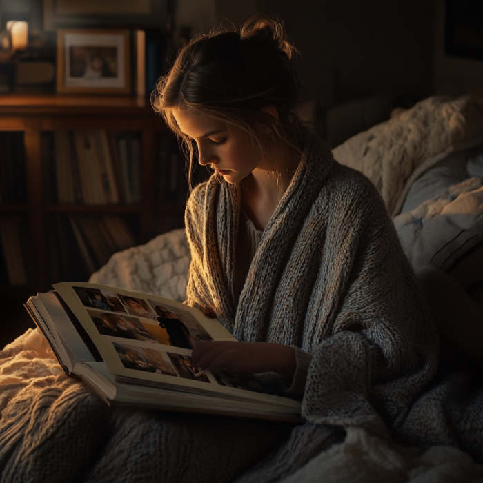 Ein Mädchen im Teenageralter, eingewickelt in die Strickjacke eines Erwachsenen, blättert in einem Familienfotoalbum, während das Abendlicht den Raum erfüllt | Quelle: Midjourney