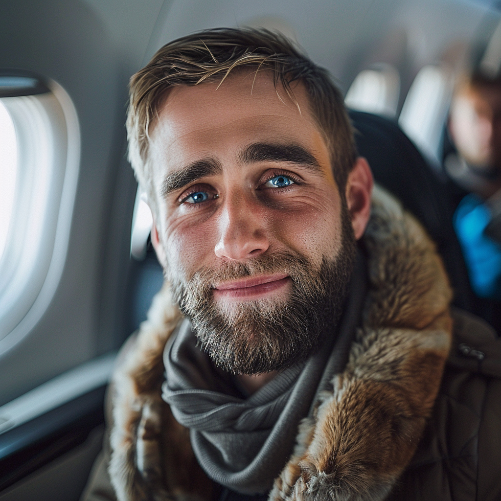 Ein lächelnder Mann sitzt am Fenster in einem Flugzeug | Quelle: Midjourney