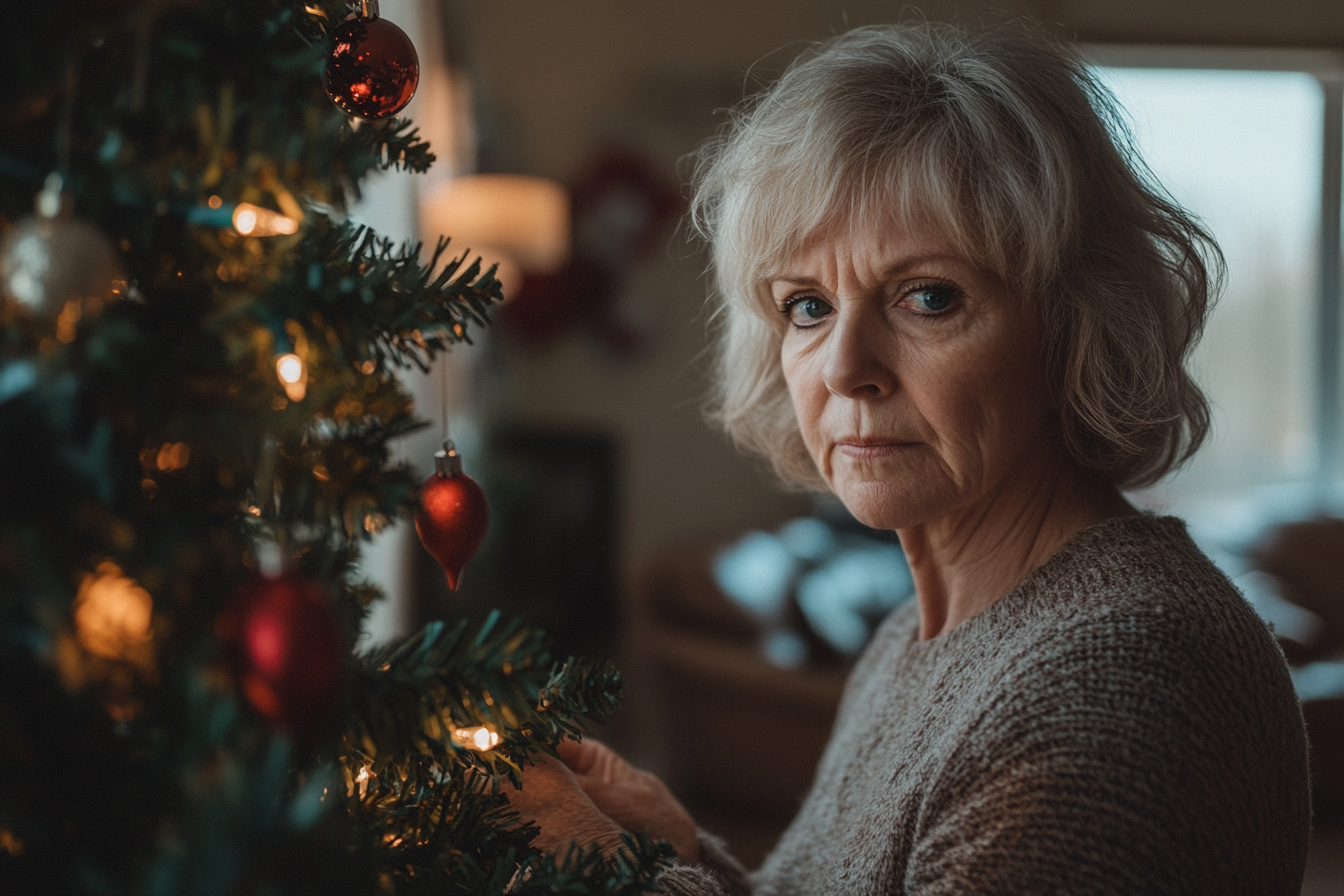 Eine reife Frau, die alleine einen Weihnachtsbaum schmückt | Quelle: Midjourney