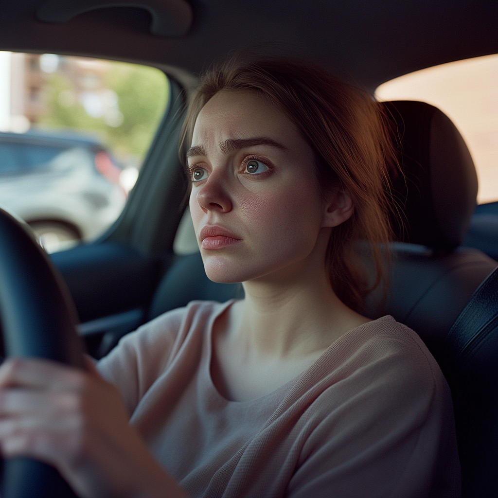 Uma mulher sentada em um carro com as mãos fechadas ao redor do volante: Midjourney