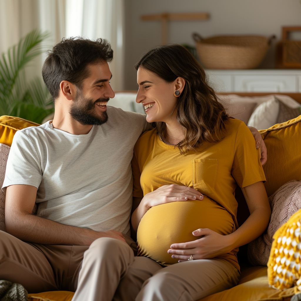 Ein glückliches schwangeres Paar sitzt auf einem Sofa | Quelle: Midjourney