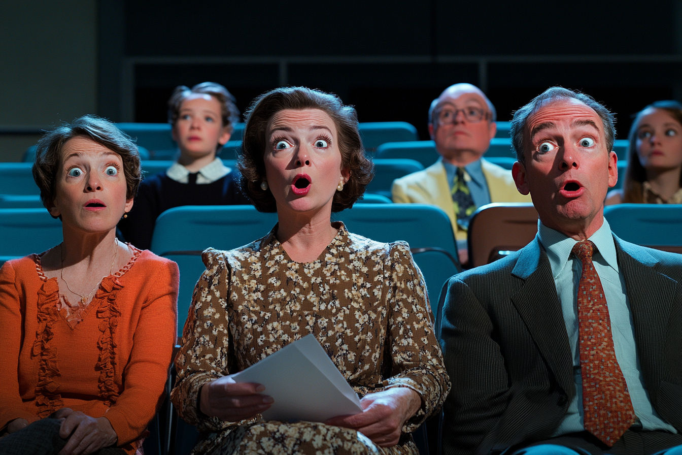 Menschen, die mit schockierten Gesichtern in einem Auditorium sitzen | Quelle: Midjourney
