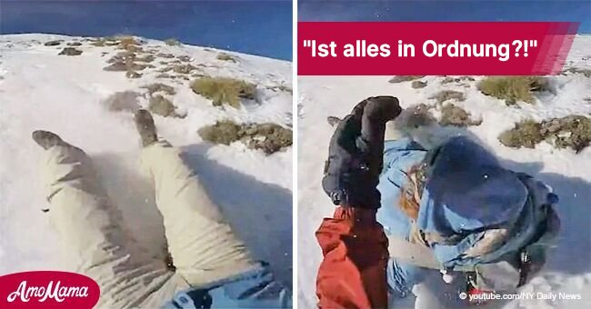 Ein Bergsteiger rettet eine Frau auf einem schneebedeckten Vulkan