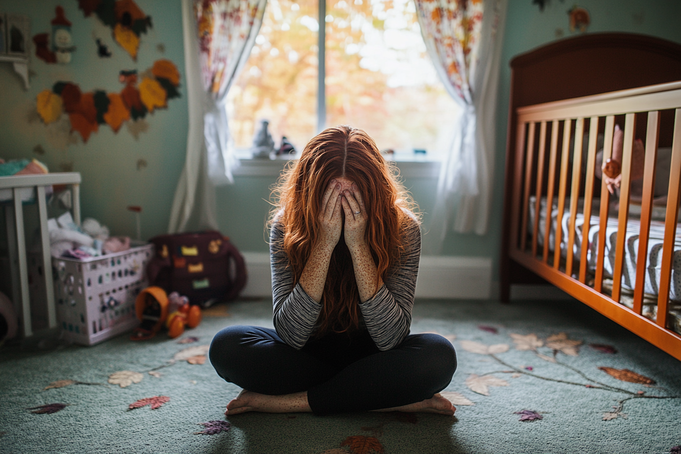 Eine weinende Frau in einem Kinderzimmer | Quelle: Midjourney