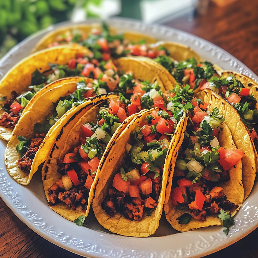 Ein Teller mit Tacos auf einem Tisch | Quelle: Midjourney
