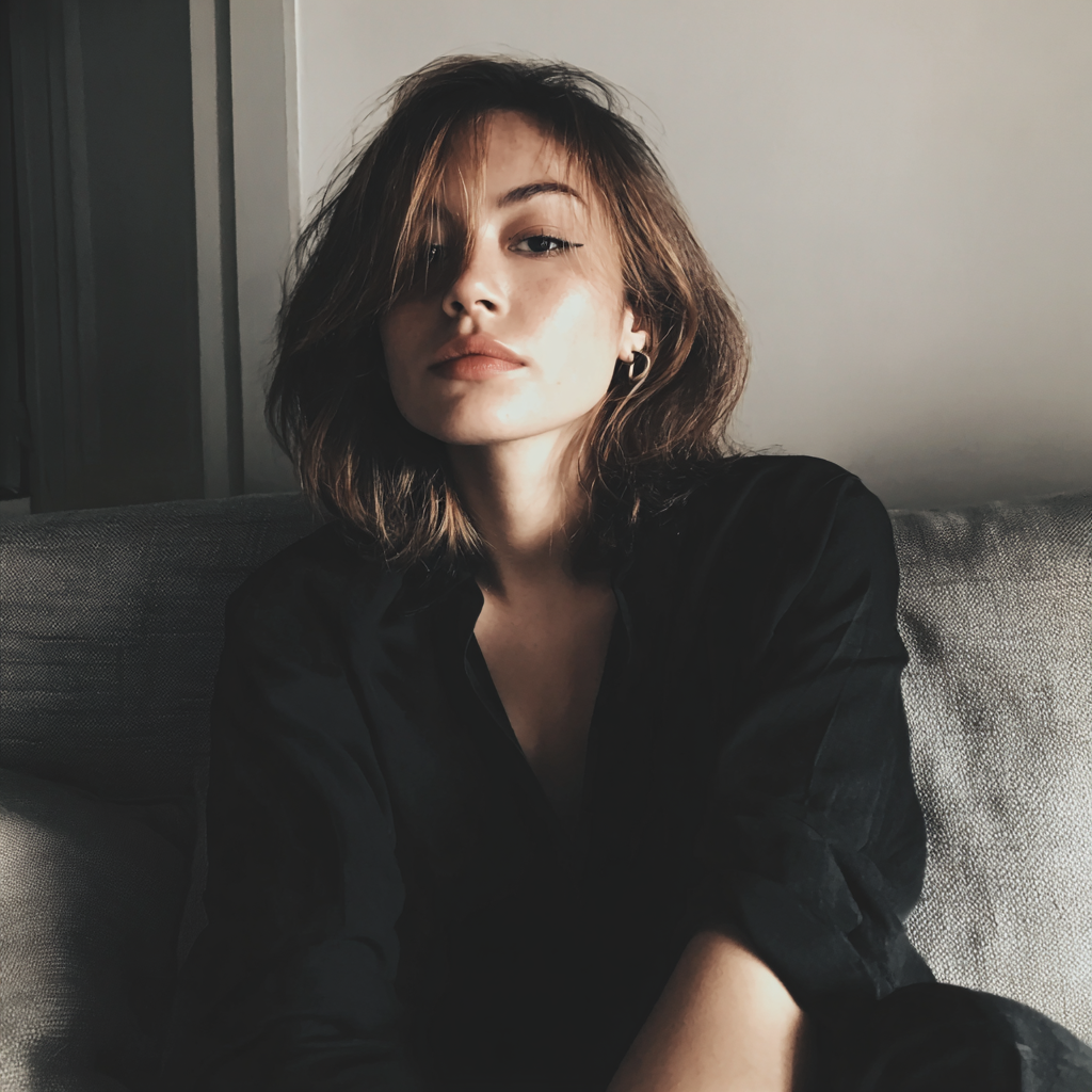 Eine junge Frau sitzt auf einer Couch | Quelle: Midjourney