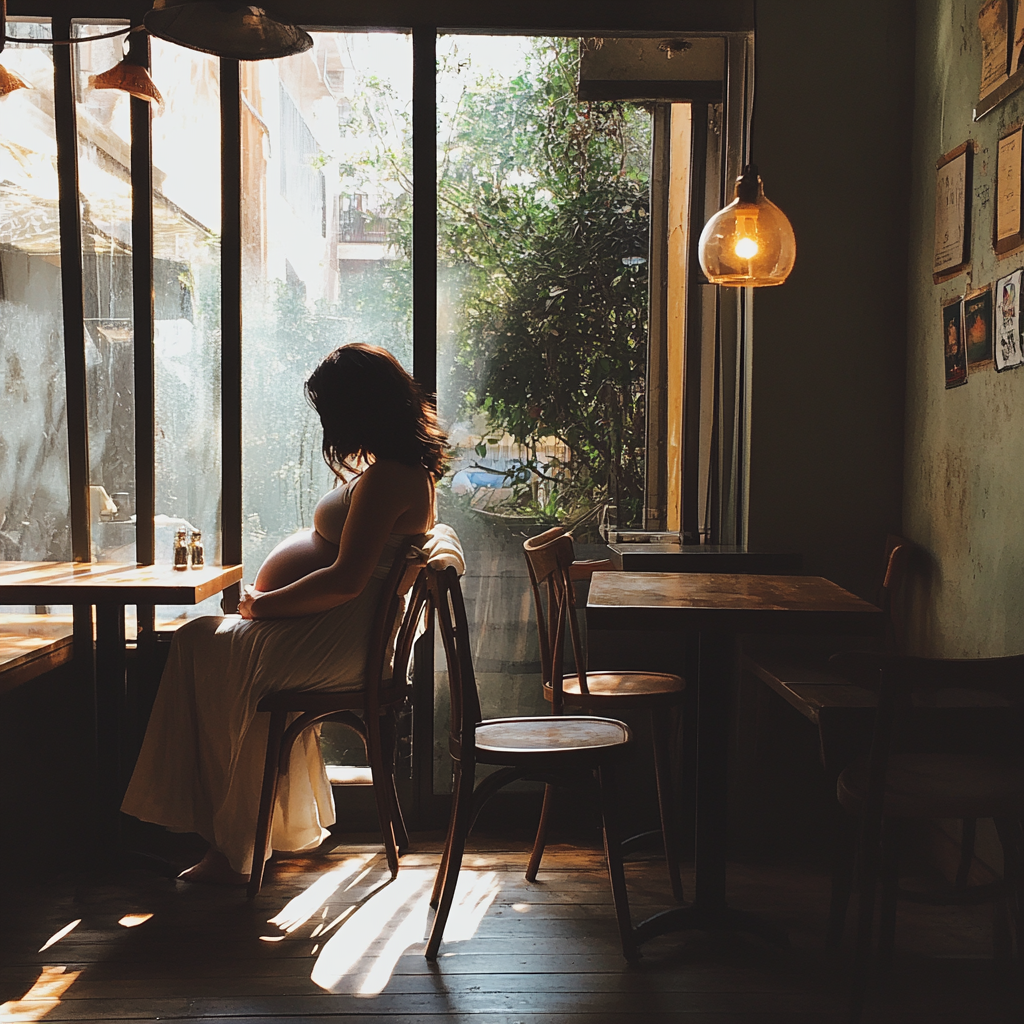 Eine schwangere Frau sitzt vor ihrem Sturz in einem Café | Quelle: Midjourney